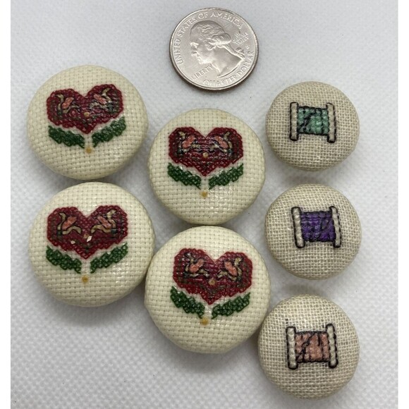 Vintage Lot of 7 Cross Stitch Heart & Thread‎ Spool Button Covers 80s 90s Style - Picture 2 of 14